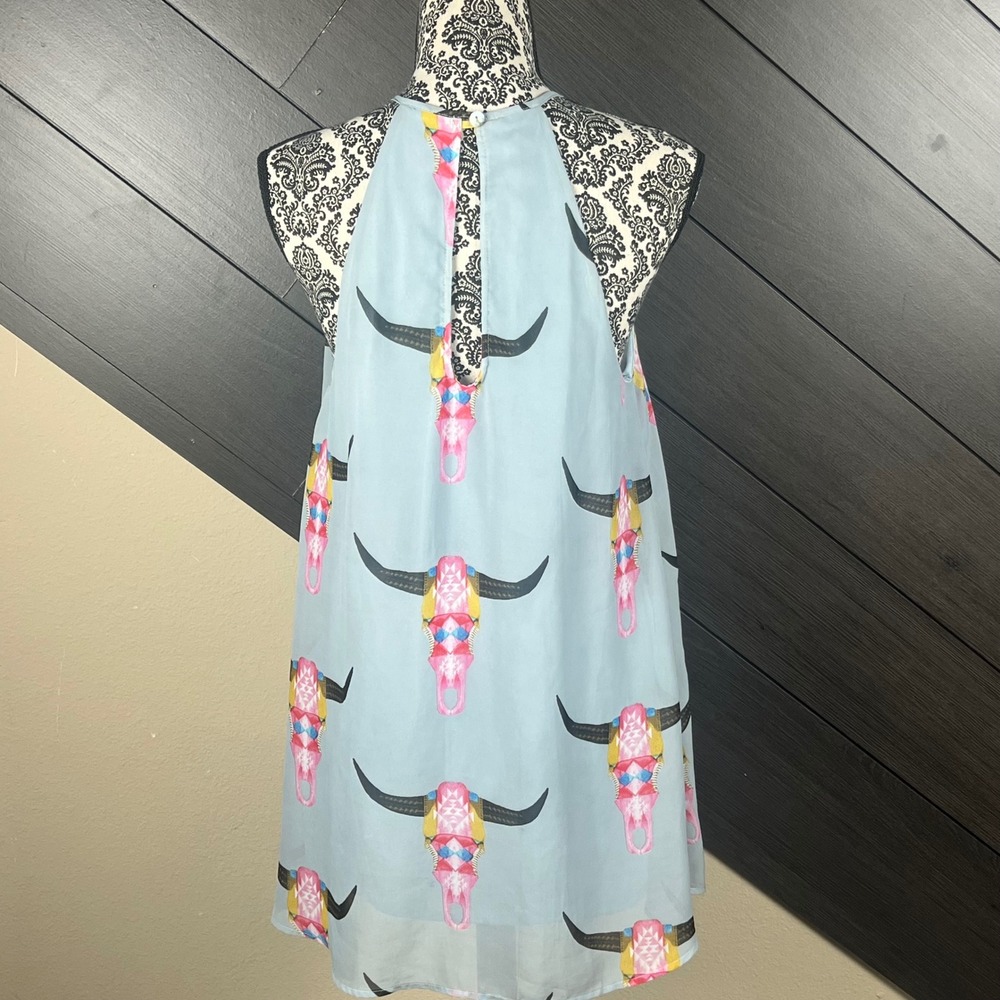 Show‎ Me Your Mumu Women Bull Skull Print Shift Dress Sleeveless Small Blue - Picture 2 of 4
